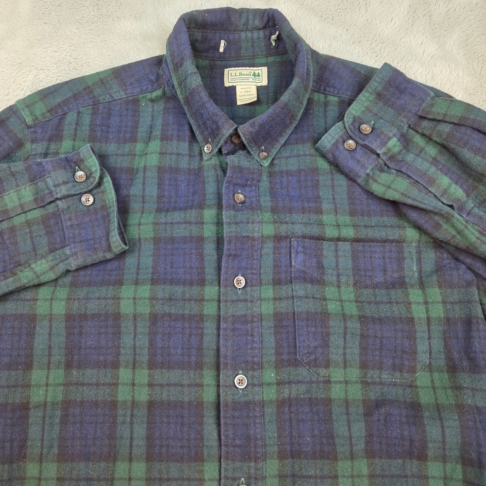 L.L. Bean Flannel Shirt Mens L-Reg Plaid Button Down Green Blue 100% Cotton